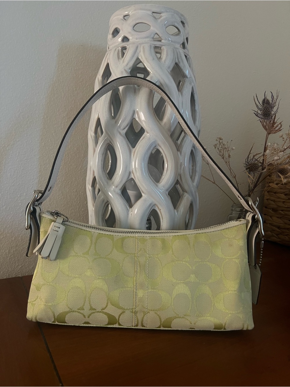 Coach Light Green Signature Jacquard Shoulder Bag with White Trim